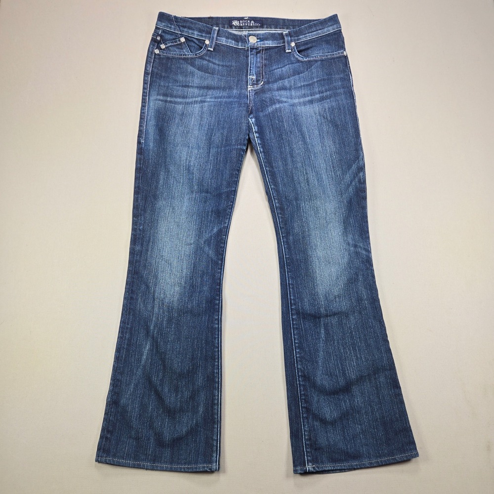 Rock & Republic Jean Bootcut Rhinestone Embellished Dark Wash Blue Women Size 32